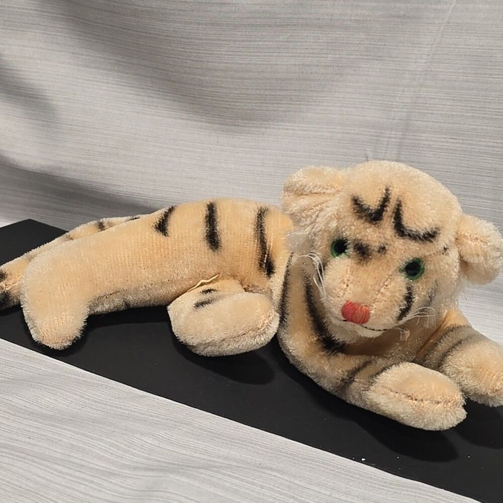VTG Tiger Plush Laying Green Glass Eyes Pink Nose Japan Stuffed Animal